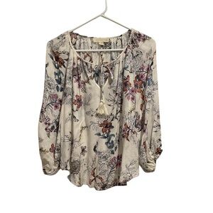 Lovestitch Floral Print Blouse V-neck With Tassels Tie Multicolor